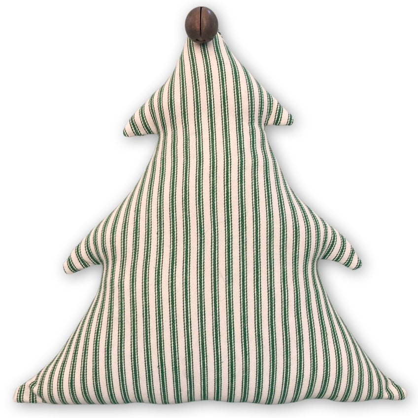 Festive Christmas Tree Pillow with Antique Sleigh Bell