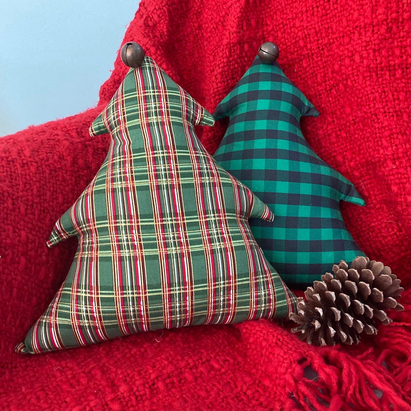 Festive Christmas Tree Pillow with Antique Sleigh Bell