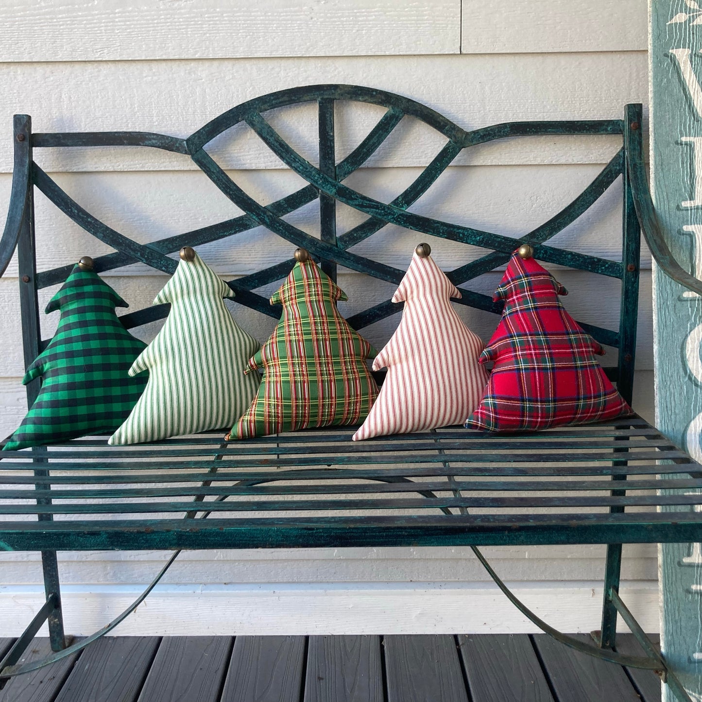 Festive Christmas Tree Pillow with Antique Sleigh Bell