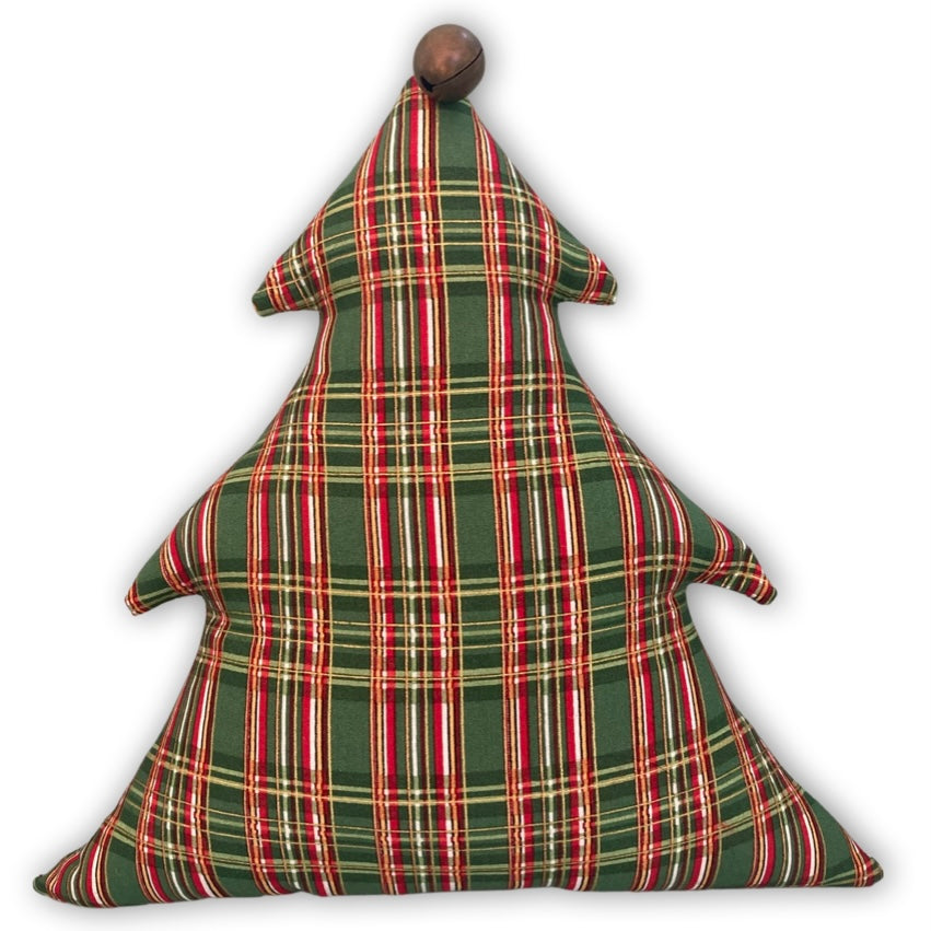 Festive Christmas Tree Pillow with Antique Sleigh Bell