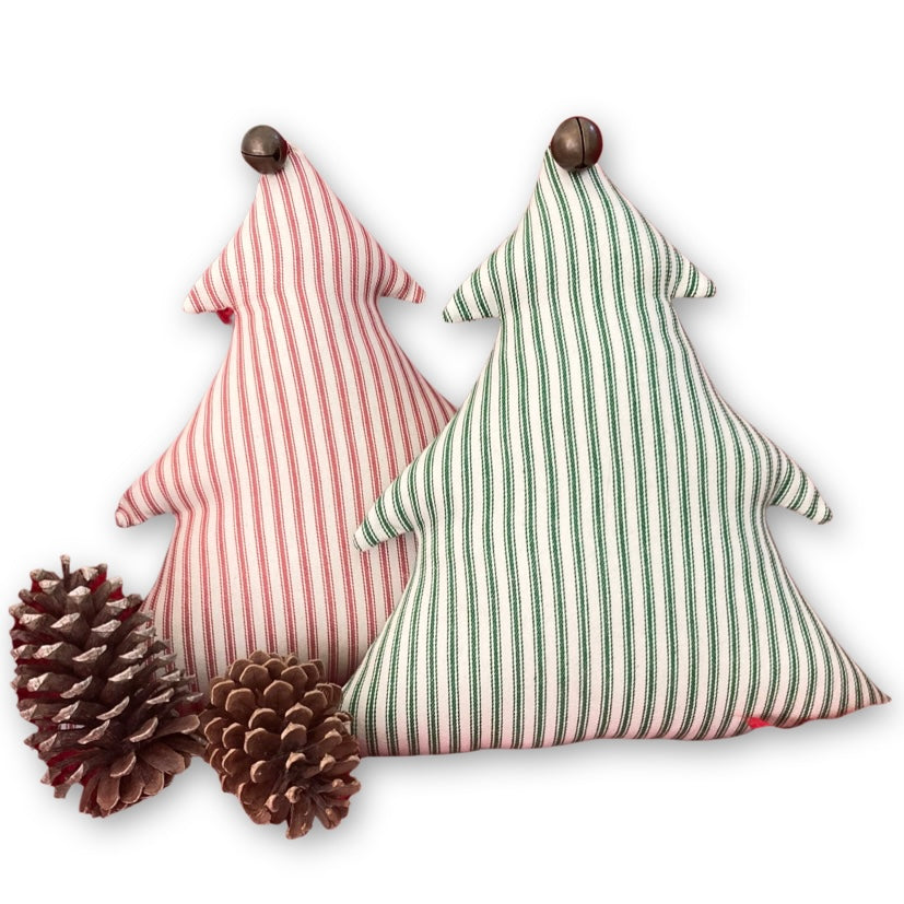 Festive Christmas Tree Pillow with Antique Sleigh Bell