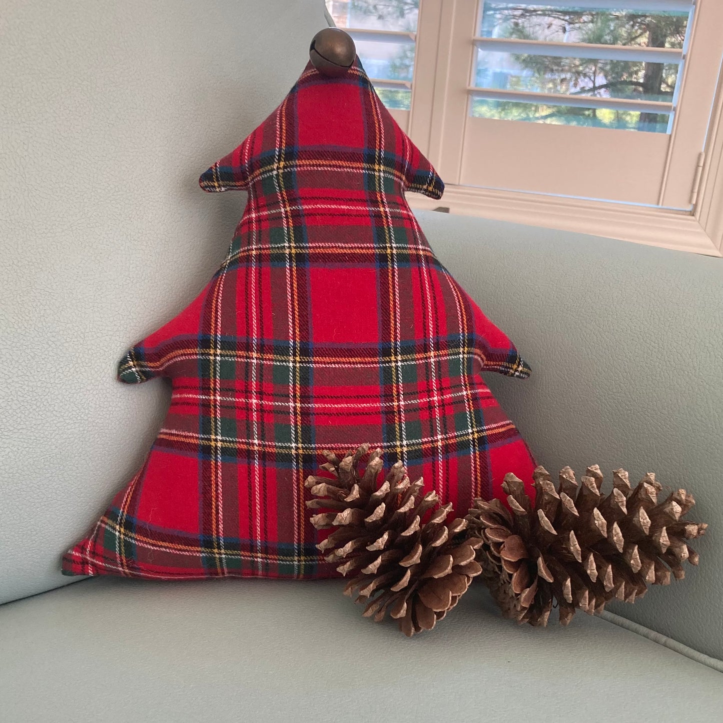 Festive Christmas Tree Pillow with Antique Sleigh Bell