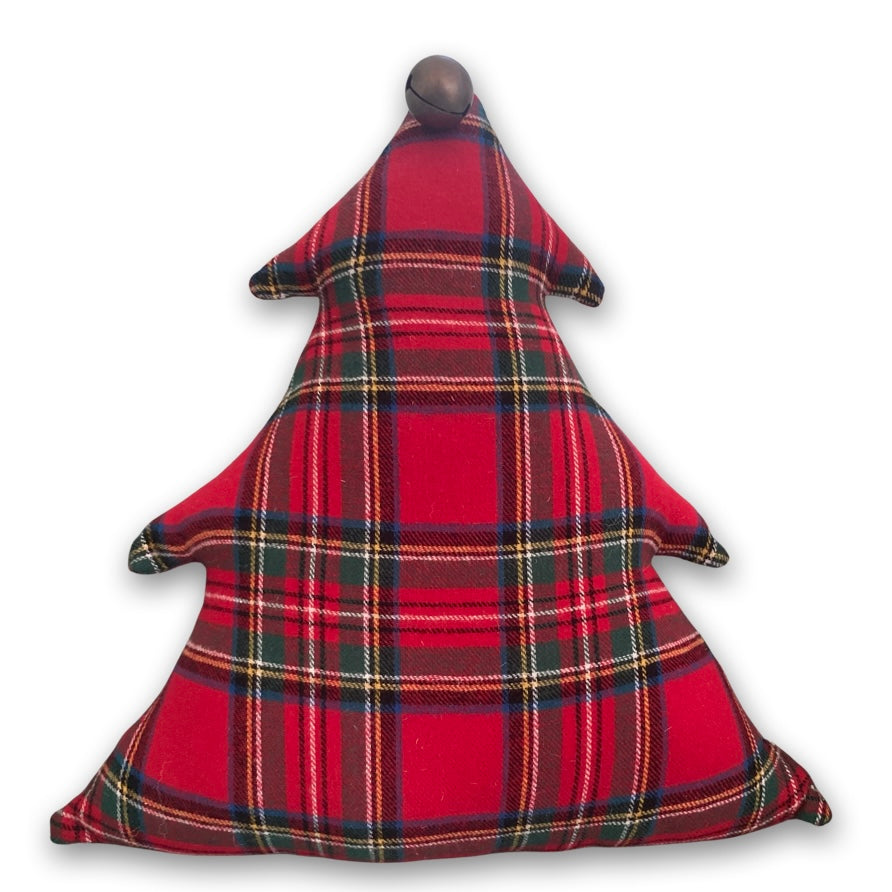 Festive Christmas Tree Pillow with Antique Sleigh Bell