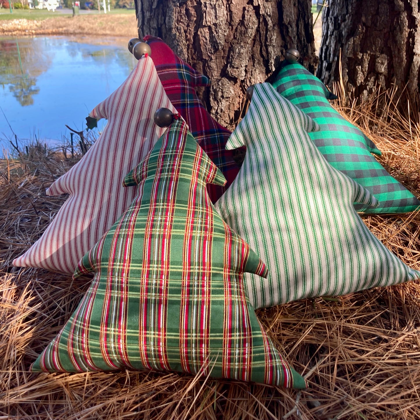 Festive Christmas Tree Pillow with Antique Sleigh Bell